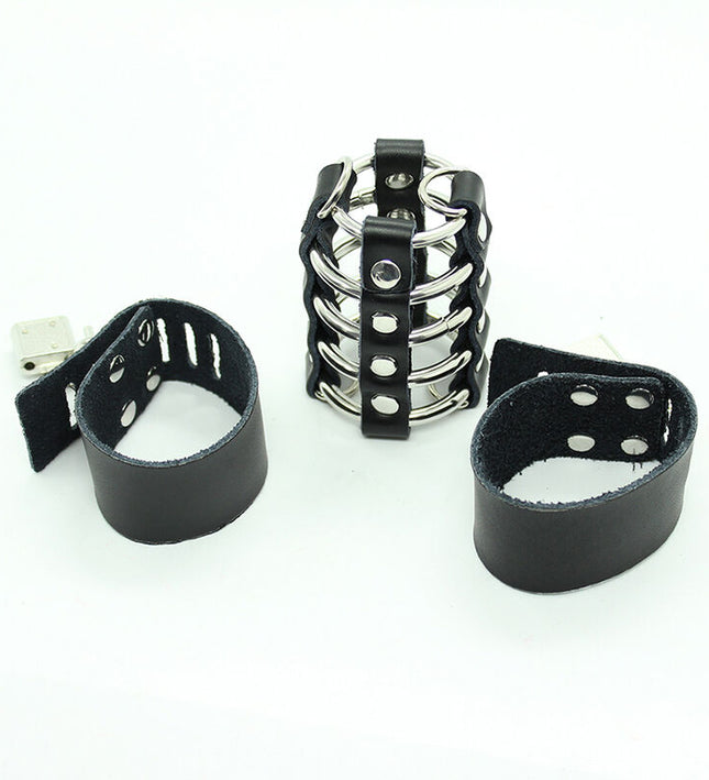 OHMAMA FETISH - PENIS CAGE WITH METAL RINGS AND LEATHER STRAPS