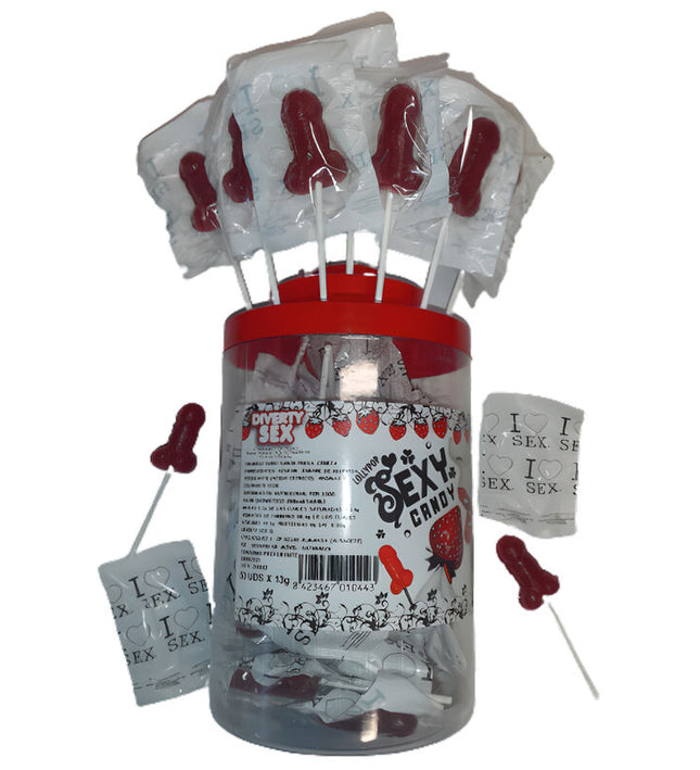 DIABLO PICANTE - 50 STRAWBERRY & CHERRY CANDY PENIS LOLLIPOP 50 UNITS