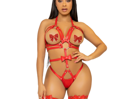 LEG AVENUE - KINK - STUDDED O-RING HARNESS TEDDY SIZE M - RED