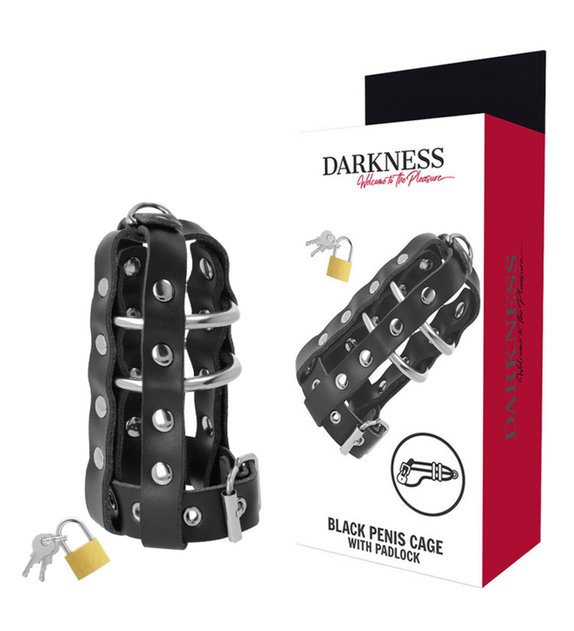 DARKNESS - LEATHER CHASTITY CAGE WITH LOCK