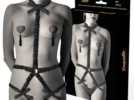 COQUETTE CHIC DESIRE - ELASTIC HARNESS SET AND NIPPLE COVERS BLACK