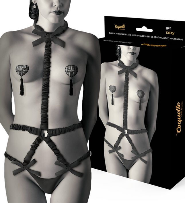 COQUETTE CHIC DESIRE - ELASTIC HARNESS SET AND NIPPLE COVERS BLACK