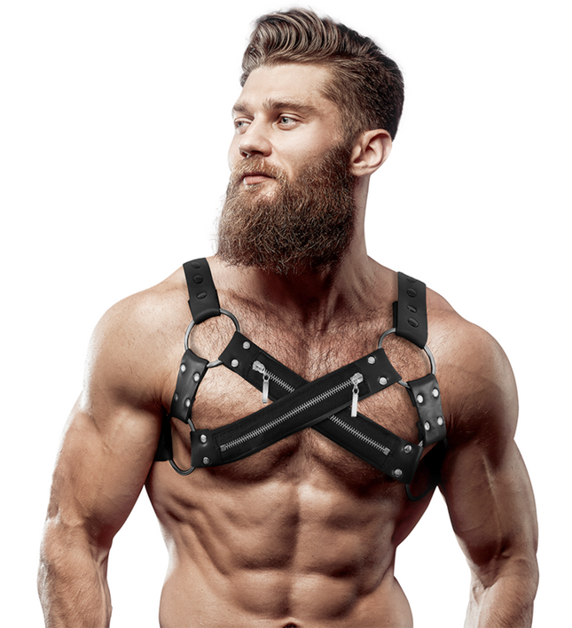 FETISH SUBMISSIVE ATTITUDE - ADJUSTABLE NEOPRENE CROSS-OVER CHEST BULLDOG HARNESS WITH ZIPPERS FOR MEN
