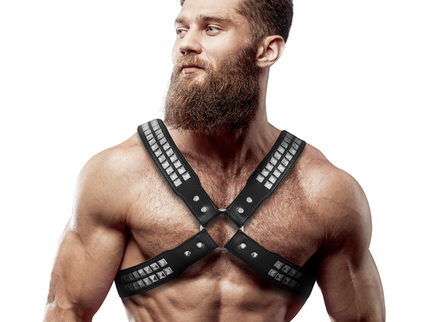 FETISH SUBMISSIVE ATTITUDE - MENS CROSSED CHEST ECO-LEATHER HARNESS WITH RIVETS