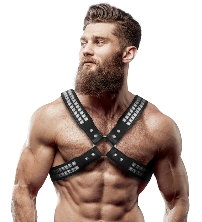 FETISH SUBMISSIVE ATTITUDE - MENS CROSSED CHEST ECO-LEATHER HARNESS WITH RIVETS