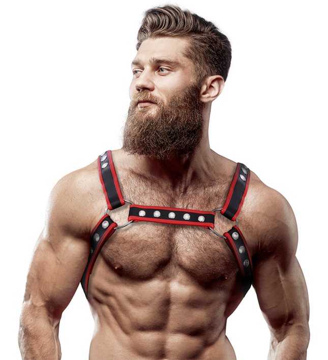 FETISH SUBMISSIVE ATTITUDE - MENS ECO-LEATHER CHEST BULLDOG HARNESS BLACK/RED