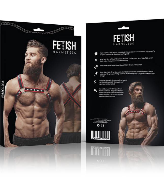 FETISH SUBMISSIVE ATTITUDE - MENS ECO-LEATHER CHEST BULLDOG HARNESS BLACK/RED