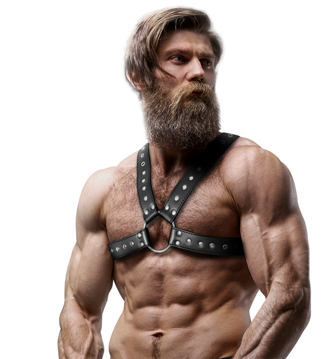 FETISH SUBMISSIVE ATTITUDE - MENS CROSS-OVER ECO-LEATHER CHEST HARNESS WITH STUDS