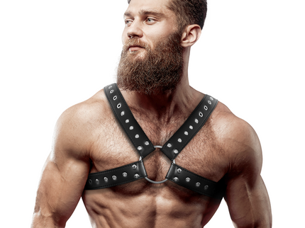 FETISH SUBMISSIVE ATTITUDE - MENS CROSS-OVER ECO-LEATHER CHEST HARNESS WITH STUDS
