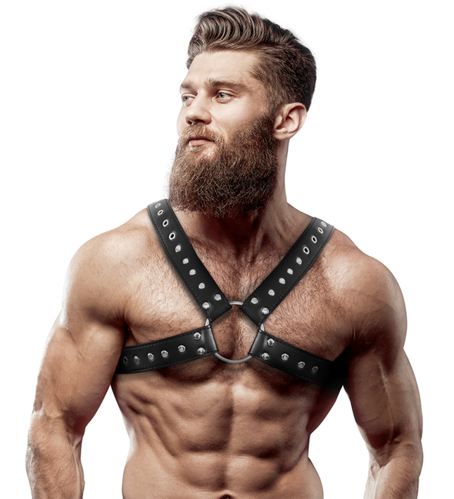 FETISH SUBMISSIVE ATTITUDE - MENS CROSS-OVER ECO-LEATHER CHEST HARNESS WITH STUDS