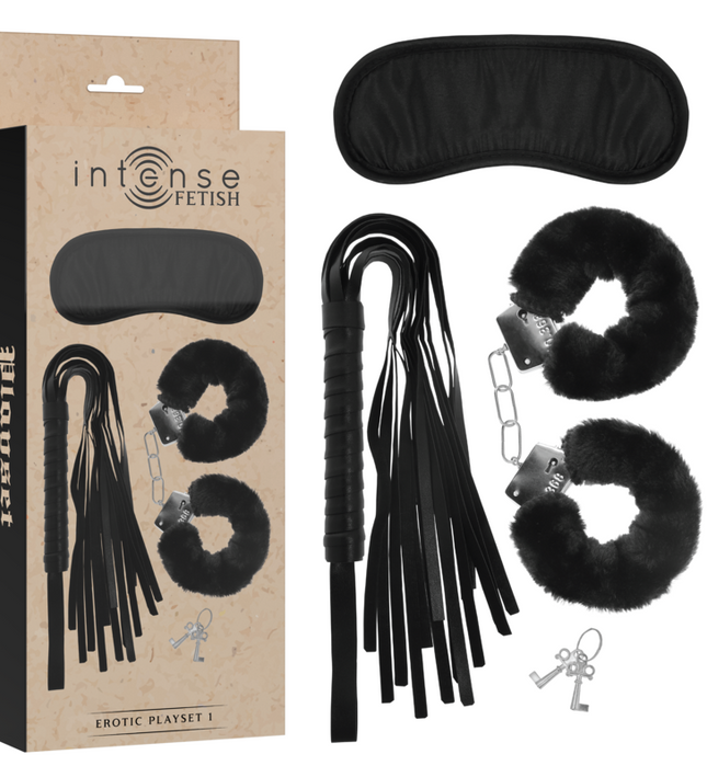 INTENSE - FETISH EROTIC PLAYSET 1 WITH HANDCUFFS, BLIND MASK AND FLOGGER