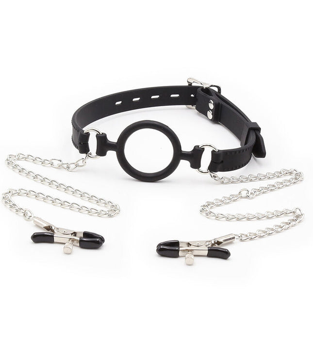 OHMAMA FETISH - RING GAG WITH CHAINS AND NIPPLE CLAMPS