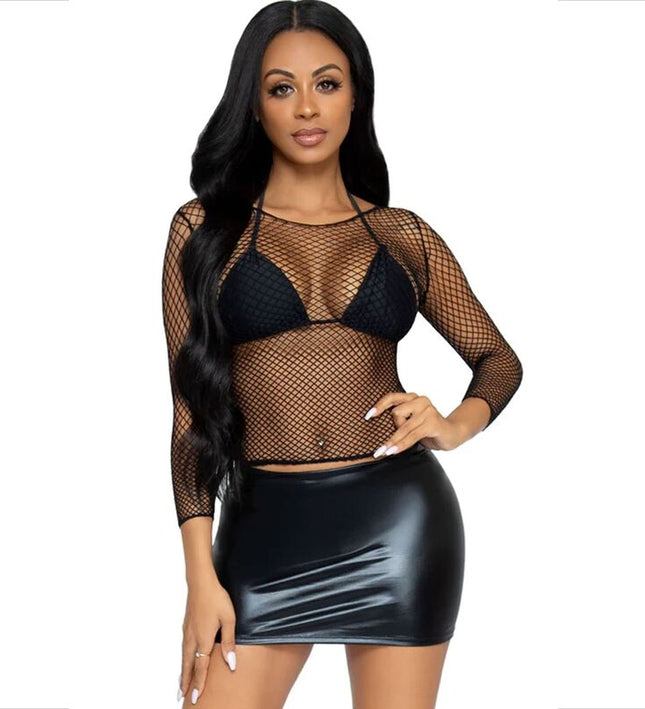 LEG AVENUE - FISHNET LONG SLEEVE T-SHIRT BLACK