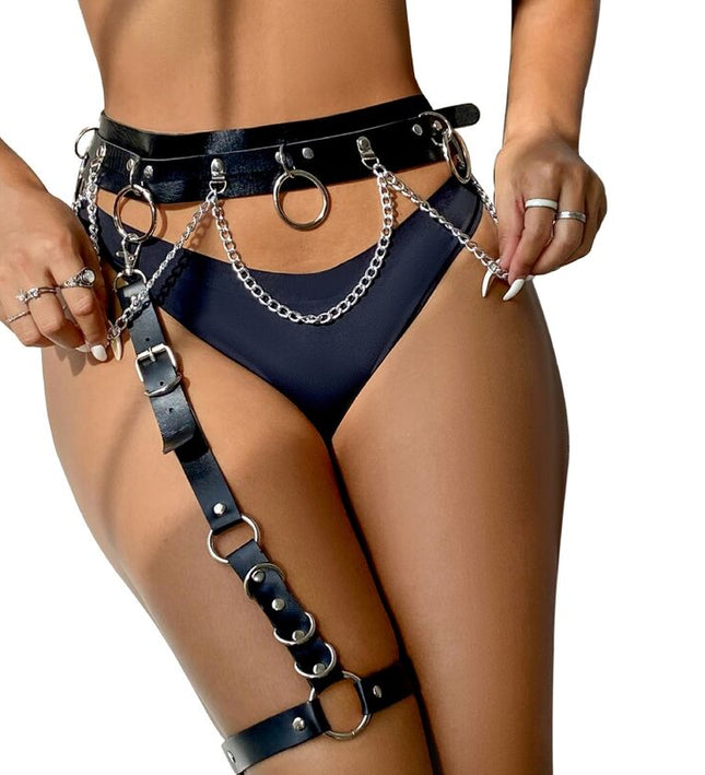 SUBBLIME - BELT AND GARTER HARNESS WITH RINGS AND CHAINDETAIL ONE SIZE