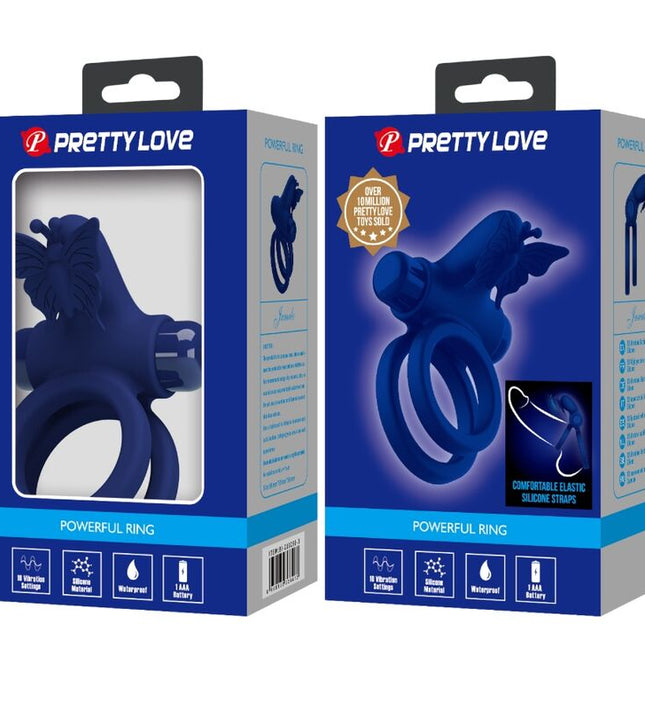 PRETTY LOVE - JAMELE DOUBLE RING WITH VIBRATION & BUTTERFLY STIMULATOR BLUE
