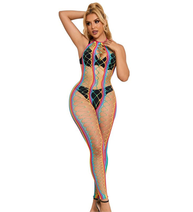 SUBBLIME - 952358 RAINBOW MESH HALTER NECK BODYSTOCKING XS/M