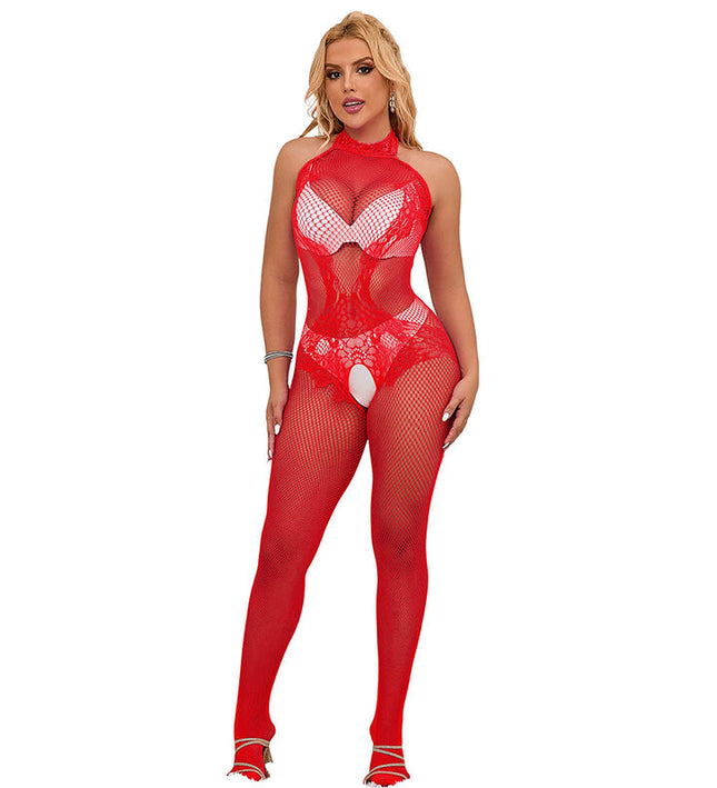 SUBBLIME - 952372 FISHNET AND LACE CROTCHLESS BODYSTOCKING WITH HIGH NECK RED ONE SIZE