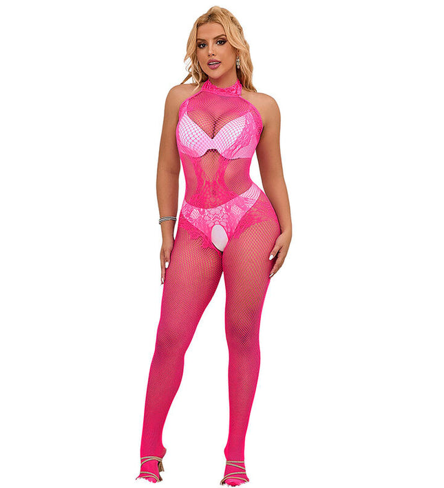 SUBBLIME - 952389 FISHNET AND LACE CROTCHLESS BODYSTOCKING WITH HIGH NECK PINK ONE SIZE