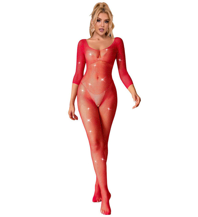 SUBBLIME - 952419 FISHNET BODYSTOCKING WITH DIAMONDS LONG SLEEVE RED XS/M