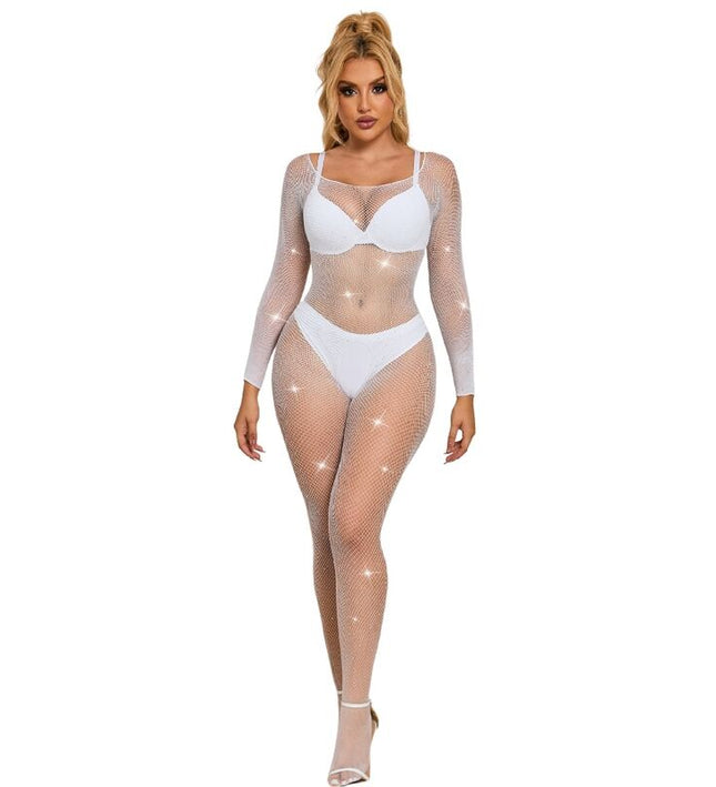 SUBBLIME - 952396 FISHNET BODYSTOCKING WITH DIAMONDS LONG SLEEVE WHITE ONE SIZE