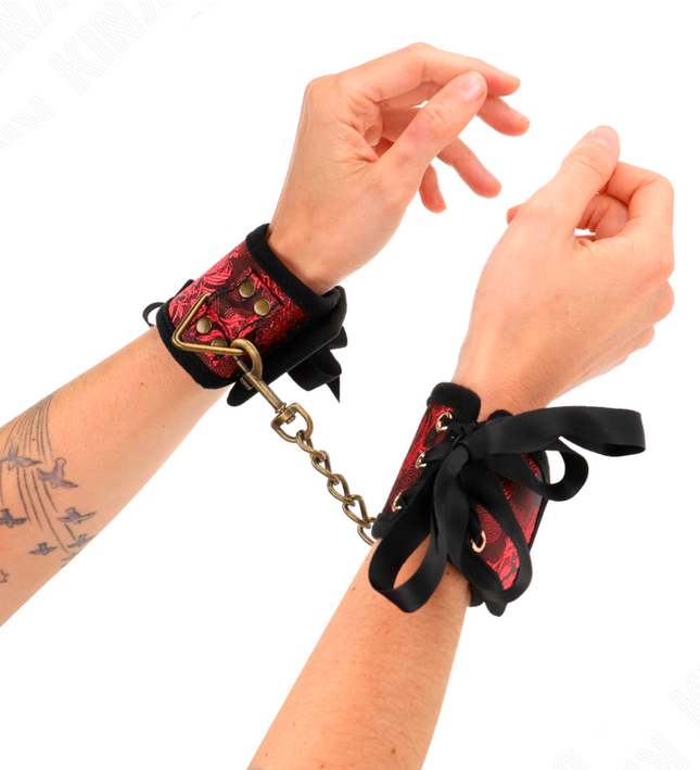 KINK - SCANDAL WRIST RESTRAINTS RED-BLACK LACE DETAILS 24.5 CM X 6.5 CM