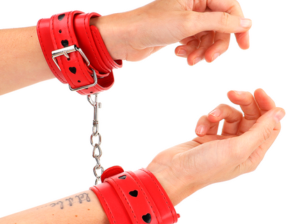 KINK - RED WRIST RESTRAINTS WITH BLACK HEART INLAY ADJUSTABLE 21-28 CM X 5.5 CM