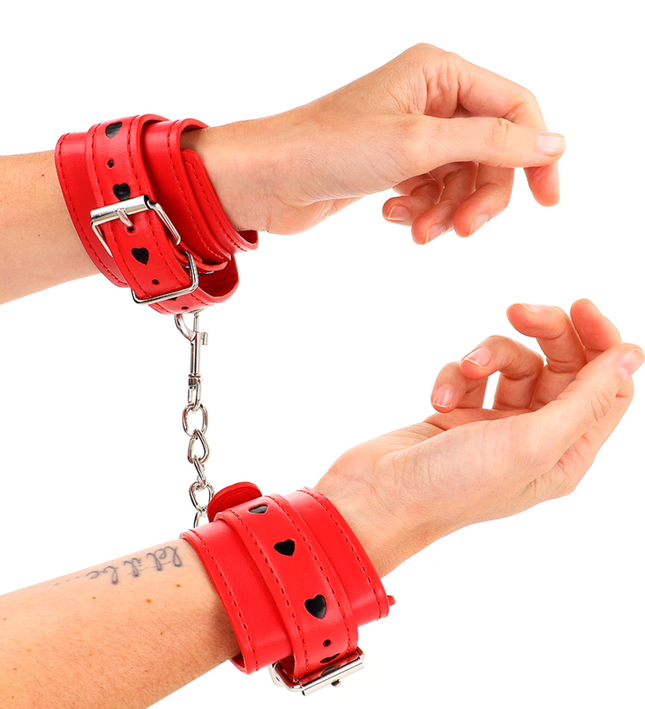 KINK - RED WRIST RESTRAINTS WITH BLACK HEART INLAY ADJUSTABLE 21-28 CM X 5.5 CM