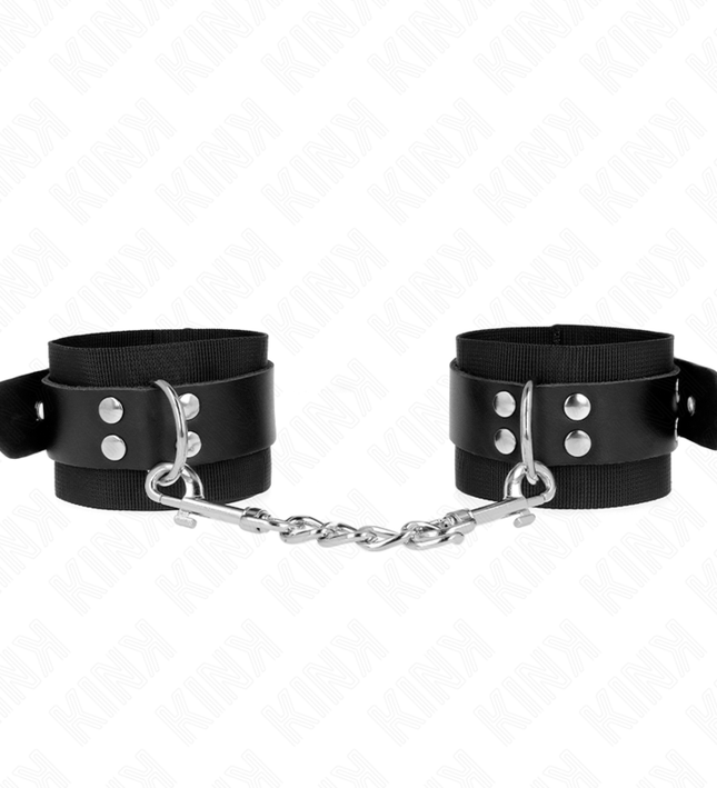 KINK - NYLON WRIST RESTRAINTS BLACK WITH LEATHER BELT BLACK ADJUSTABLE 19-29 CM X 5.1 CM