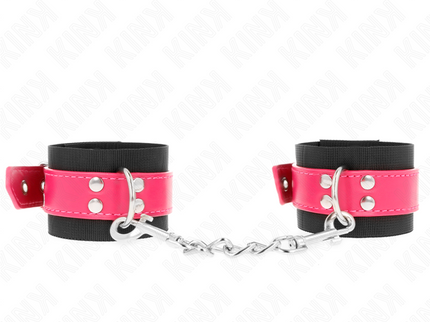 KINK - NYLON WRIST RESTRAINTS BLACK WITH LEATHERETTE BELT RASPBERRY ROSE ADJUSTABLE 19-29 CM X 5.1 CM