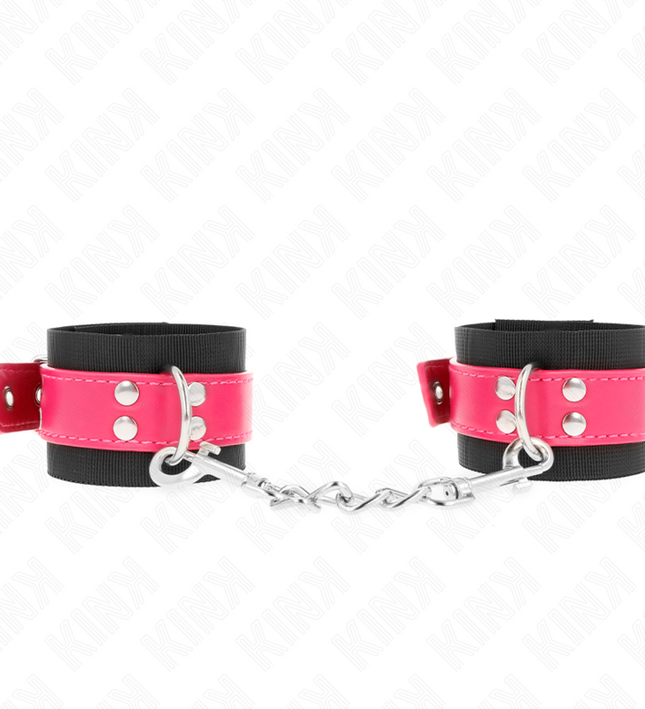 KINK - NYLON WRIST RESTRAINTS BLACK WITH LEATHERETTE BELT RASPBERRY ROSE ADJUSTABLE 19-29 CM X 5.1 CM