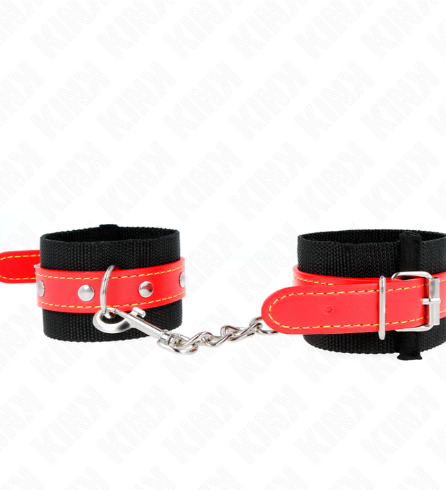 KINK - NYLON WRIST RESTRAINTS BLACK WITH LEATHERETTE RED ADJUSTABLE 19-24 CM X 5.5 CM
