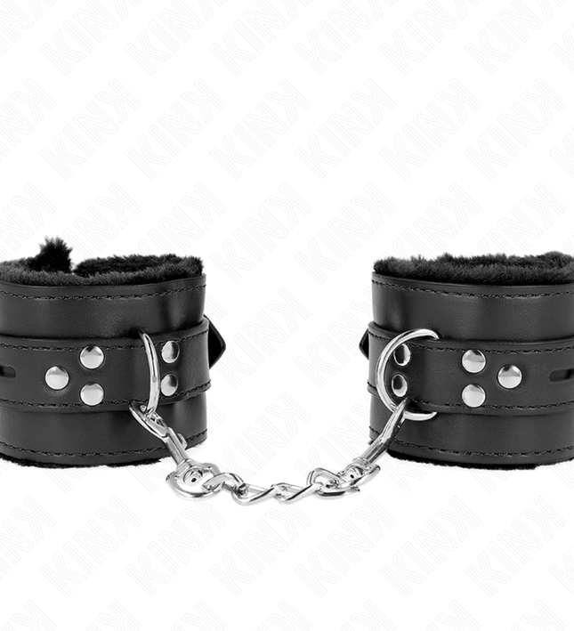 KINK - FUR LINED WRIST RESTRAINTS WITH SQUARE HOLES BLACK AND BLACK BELT ADJUSTABLE 17-29 CM X 6 CM
