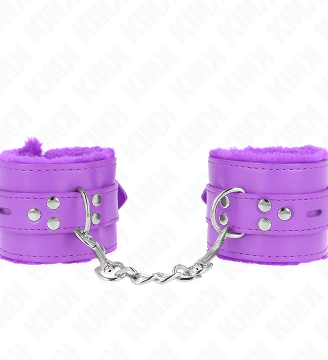 KINK - FUR LINED WRIST RESTRAINTS WITH SQUARE HOLES PURPLE AND PURPLE BELT ADJUSTABLE 17-29 CM X 6 CM
