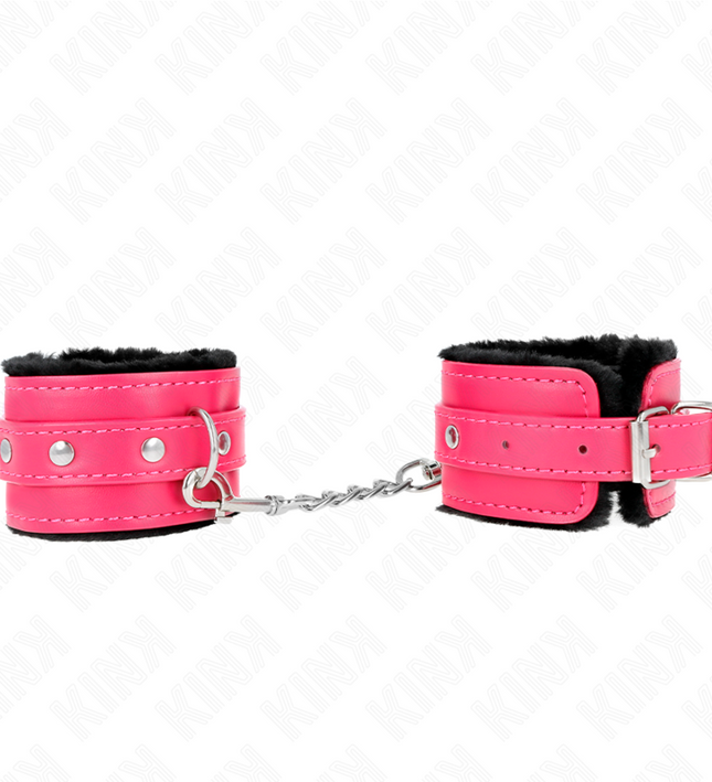 KINK - PREMIUM FUR LINED WRIST RESTRAINTS BLACK WITH RASPBERRY ROSE BELT ADJUSTABLE 17-29 CM X 6 CM