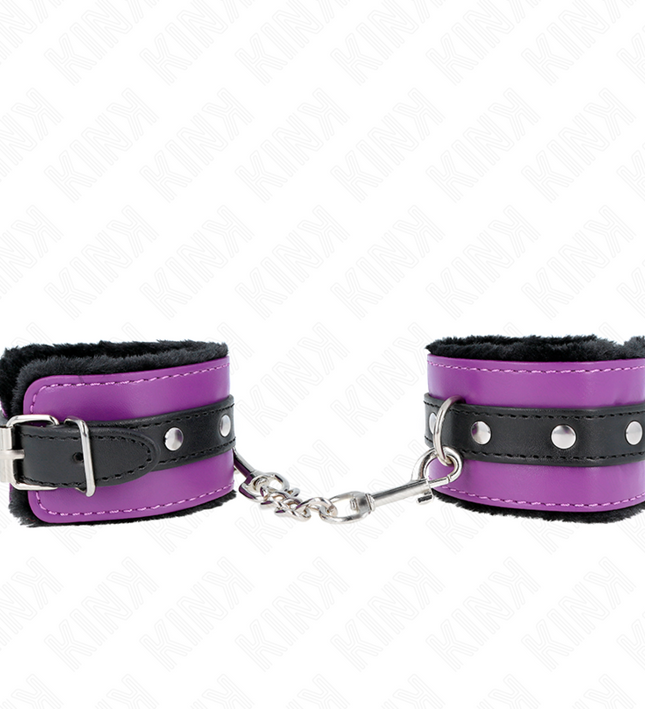 KINK - PREMIUM FUR LINED WRIST RESTRAINTS BLACK WITH PURPLE / BLACK BELT ADJUSTABLE 17-29 CM X 6 CM