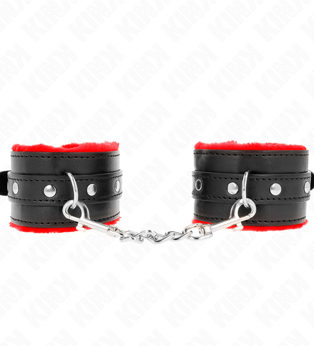 KINK - PREMIUM FUR LINED WRIST RESTRAINTS RED WITH BLACK BELT ADJUSTABLE 17-29 CM X 6 CM