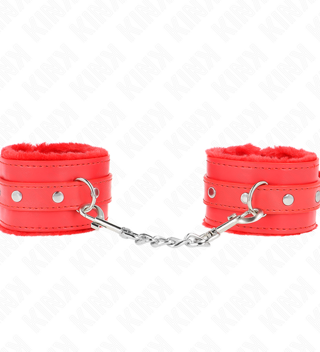 KINK - PREMIUM FUR LINED WRIST RESTRAINTS RED WITH RED BELT ADJUSTABLE 17-29 CM X 6 CM