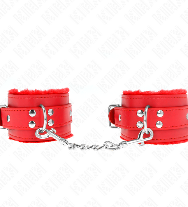 KINK - FUR LINED WRIST RESTRAINTS RED WITH RED BELT ADJUSTABLE 17-29 CM X 6 CM