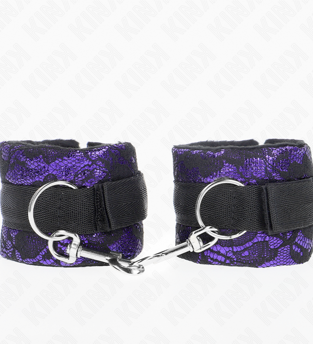 KINK - SHORT VELVET LACE WRIST RESTRAINTS AND NYLON BIND PURPLE / BLACK 23 X 6.5 CM