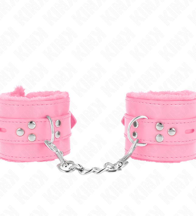 KINK - FUR LINED WRIST RESTRAINTS WITH SQUARE HOLES PINK AND PINK BELT ADJUSTABLE 17-29 CM X 6 CM