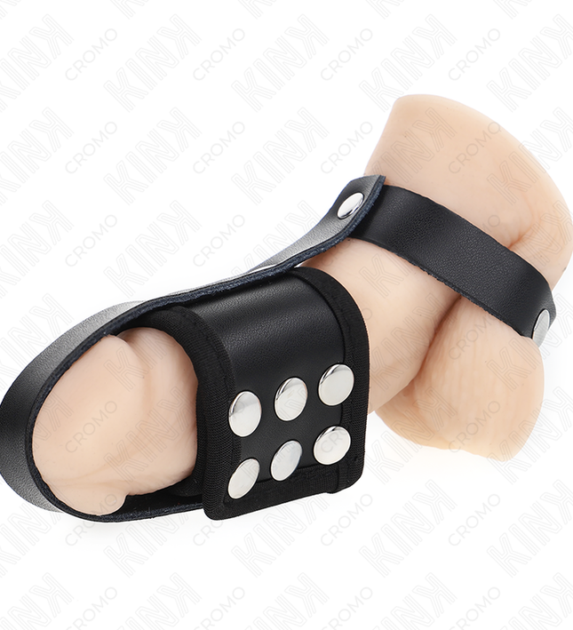 KINK - LEATHER PENIS CAGE RING WITH ADJUSTABLE COATED BALL DIVIDER STRAP
