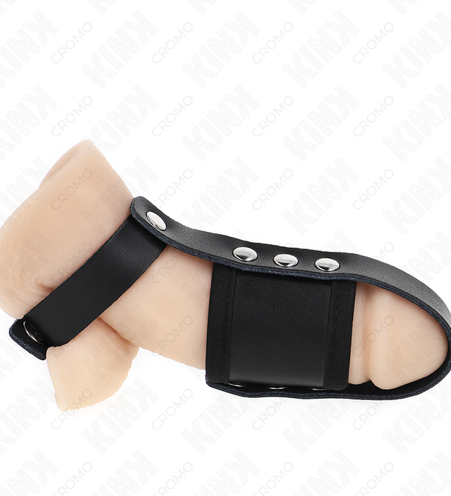 KINK - LEATHER PENIS CAGE RING WITH ADJUSTABLE COATED BALL DIVIDER STRAP