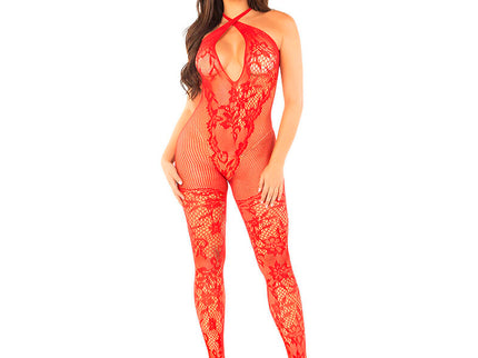LEG AVENUE - FLOWER PRINT MESH BODYSTOCKING RED ONE SIZE