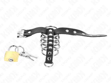 KINK - LEATHER PENIS RING WITH LOCK STRAP 21 X 2 CM AND 5 METAL RINGS FROM 3 CM TO 4 CM
