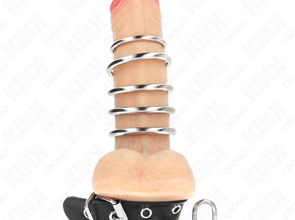 KINK - LEATHER PENIS RING WITH LOCK STRAP 21 X 2 CM AND 5 METAL RINGS FROM 3 CM TO 4 CM