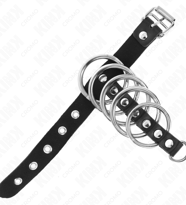 KINK - LEATHER PENIS RING WITH LOCK STRAP 21 X 2 CM AND 5 METAL RINGS FROM 3 CM TO 4 CM