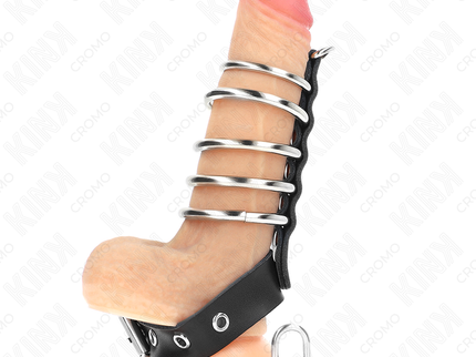KINK - LEATHER PENIS RING WITH LOCK STRAP 21 X 2 CM AND 5 METAL RINGS FROM 3 CM TO 4 CM