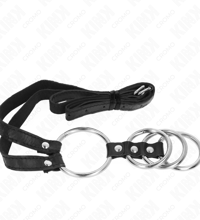 KINK - 4 CONNECTED METAL PENIS RINGS 3.8 CM TO 5 CM WITH LEATHER BELT 112 CM