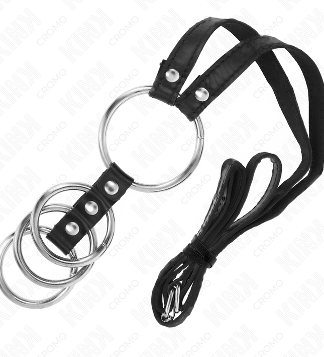 KINK - 4 CONNECTED METAL PENIS RINGS 3.8 CM TO 5 CM WITH LEATHER BELT 112 CM