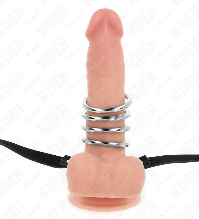 KINK - 5 PENIS RINGS 3.8 CM TO 5 CM METAL WITH LEATHER BELT 112 CM